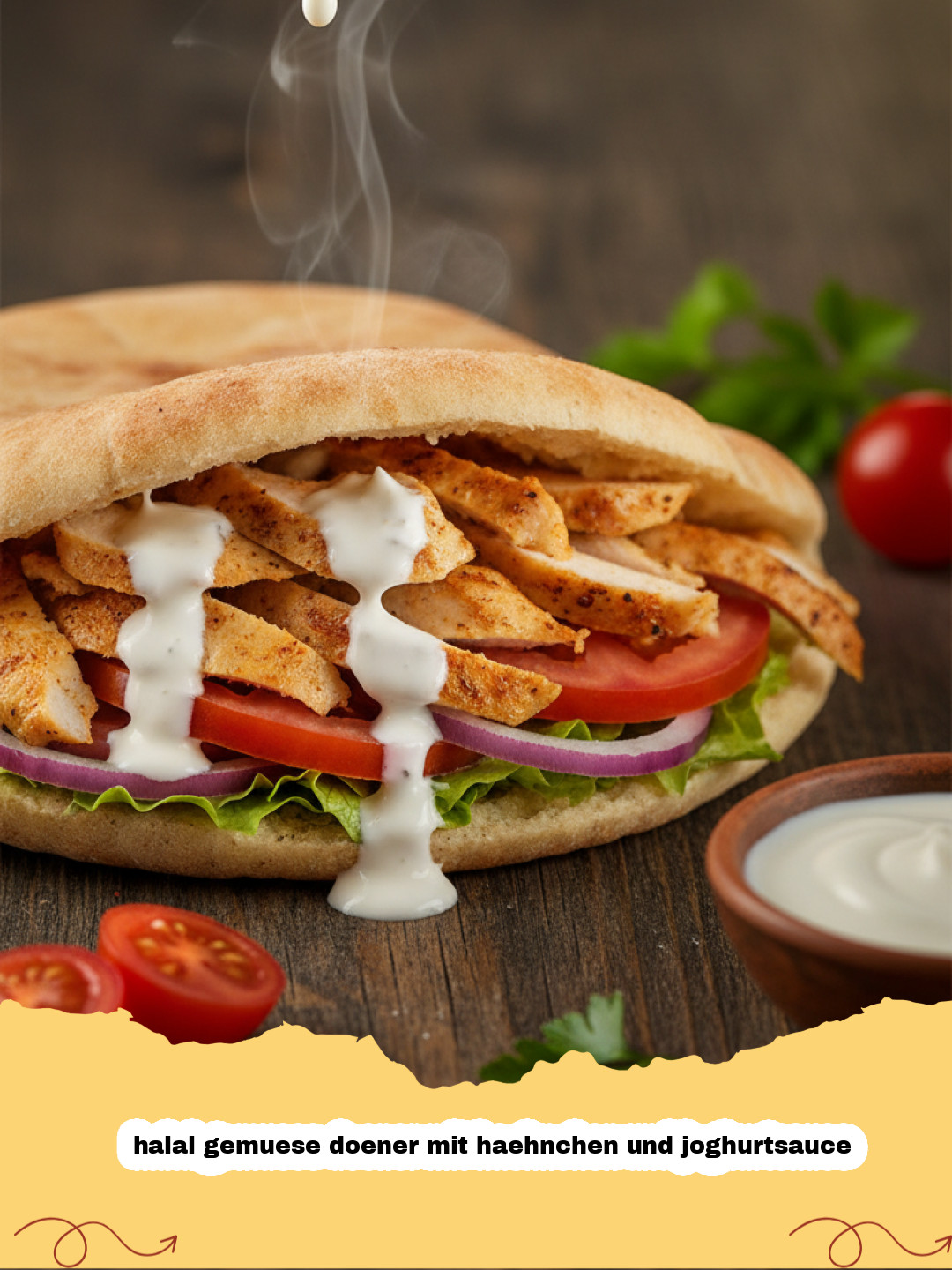 halal gemuese doener mit haehnchen und joghurtsauce - Ein appetitlicher, frisch zubereiteter Halal Gemüsedöner mit Hähnchen, Salat, Tomaten, Zwiebeln und cremiger Joghurtsauce in einem warmen Fladenbrot.