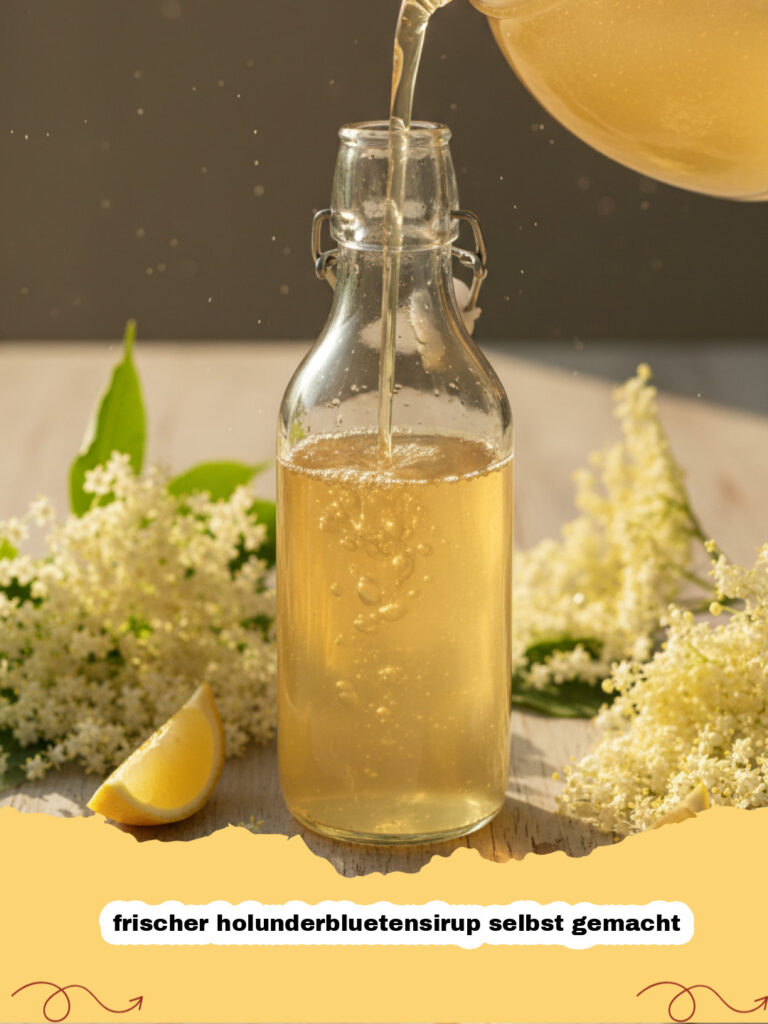 frischer holunderbluetensirup selbst gemacht - Eine Reihe von Glasflaschen, gefüllt mit goldgelbem, frischem Holunderblütensirup, umgeben von frischen Holunderblütendolden und Zitronenscheiben auf einem rustikalen Holztisch.