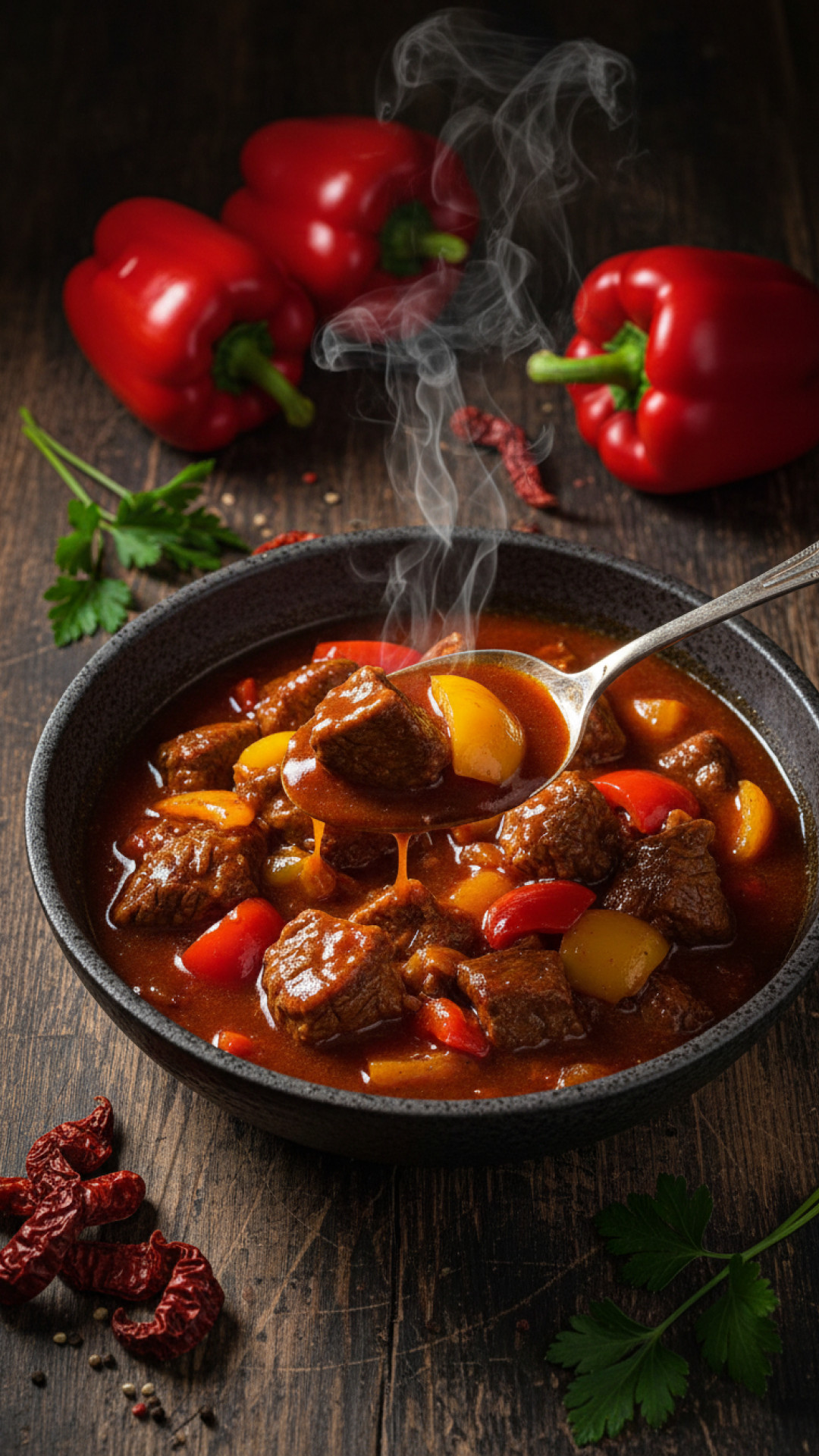 Hausgemachtes Rindergulasch mit Paprika Preparation