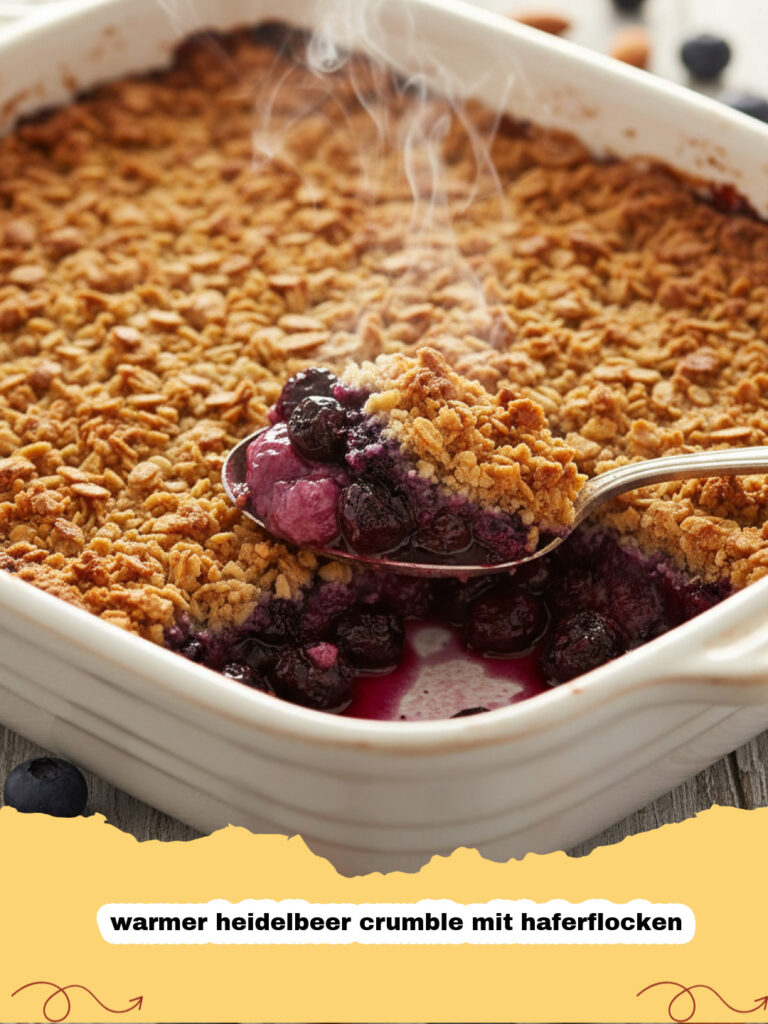 warmer heidelbeer crumble mit haferflocken - Frisch gebackener warmer Heidelbeer Crumble mit Haferflocken in einer Keramikform