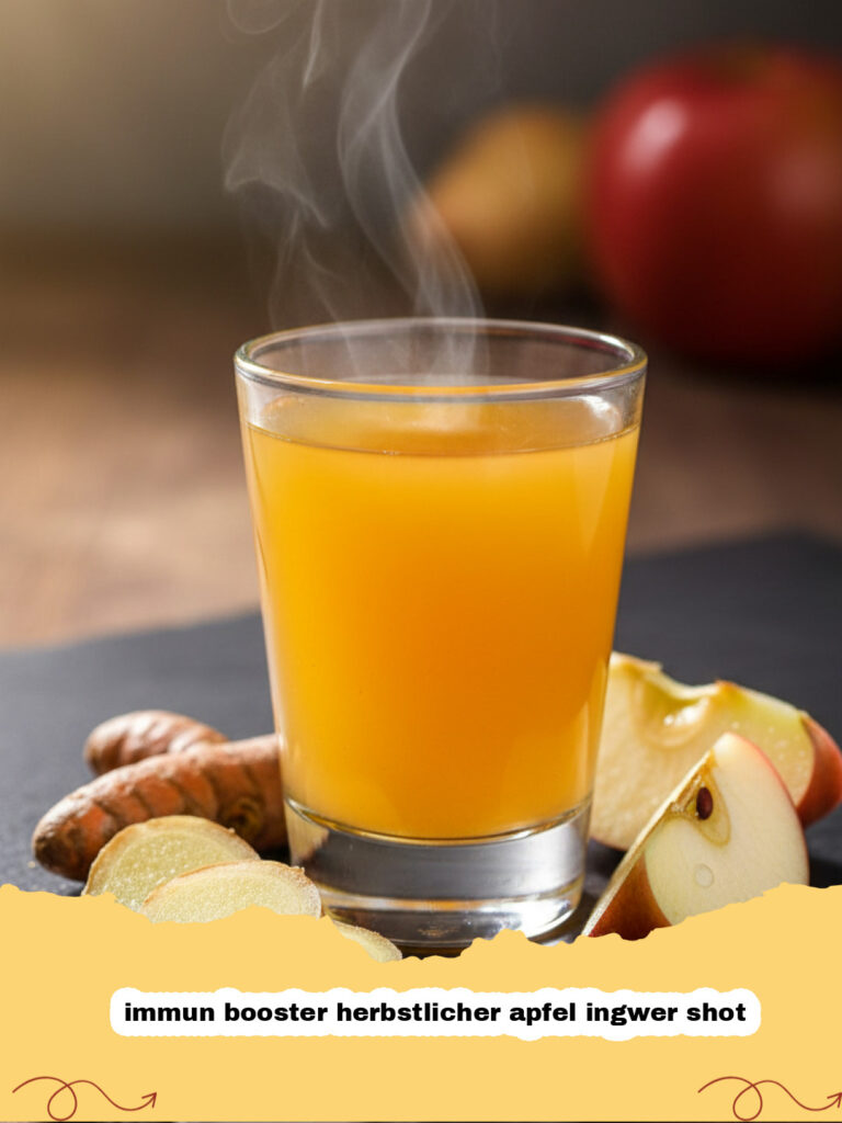 immun booster herbstlicher apfel ingwer shot - Frisch zubereiteter herbstlicher Apfel-Ingwer-Shot in kleinen Gläsern mit Ingwer- und Apfelgarnitur