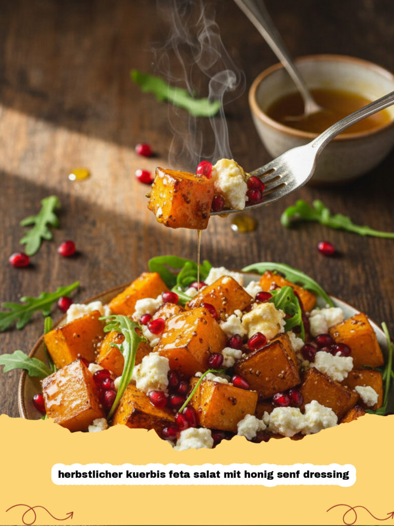 herbstlicher kuerbis feta salat mit honig senf dressing - Herbstlicher Kürbis-Feta-Salat mit Honig-Senf-Dressing in einer weißen Schüssel auf einem Holztisch, dekoriert mit frischen Kräutern und Granatapfelkernen.