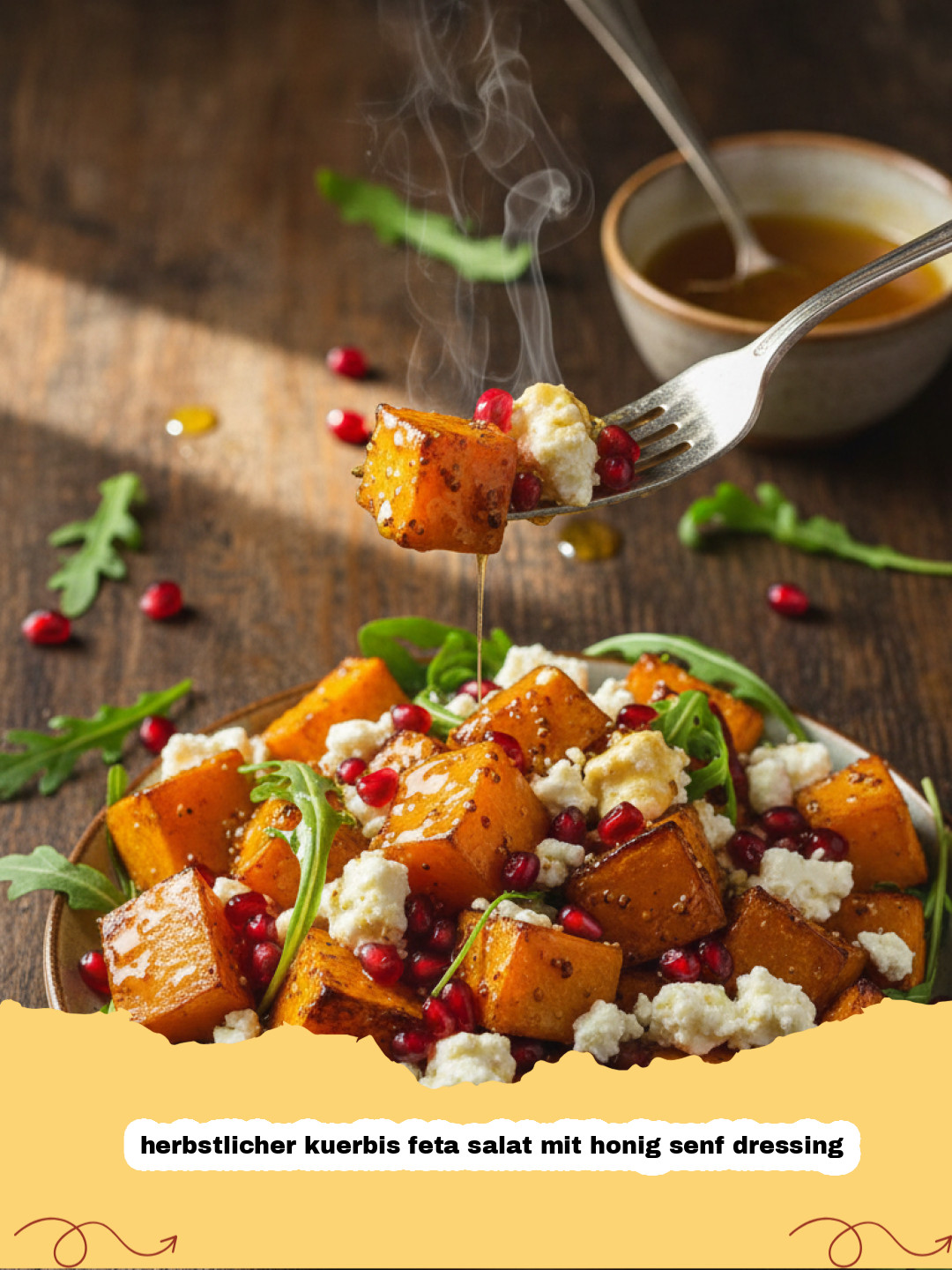 herbstlicher kuerbis feta salat mit honig senf dressing - Herbstlicher Kürbis-Feta-Salat mit Honig-Senf-Dressing in einer weißen Schüssel auf einem Holztisch, dekoriert mit frischen Kräutern und Granatapfelkernen.