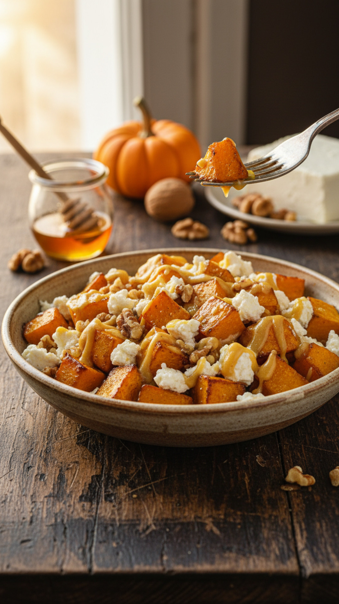 Herbstlicher Kürbis-Feta-Salat mit Honig-Senf-Dressing Preparation