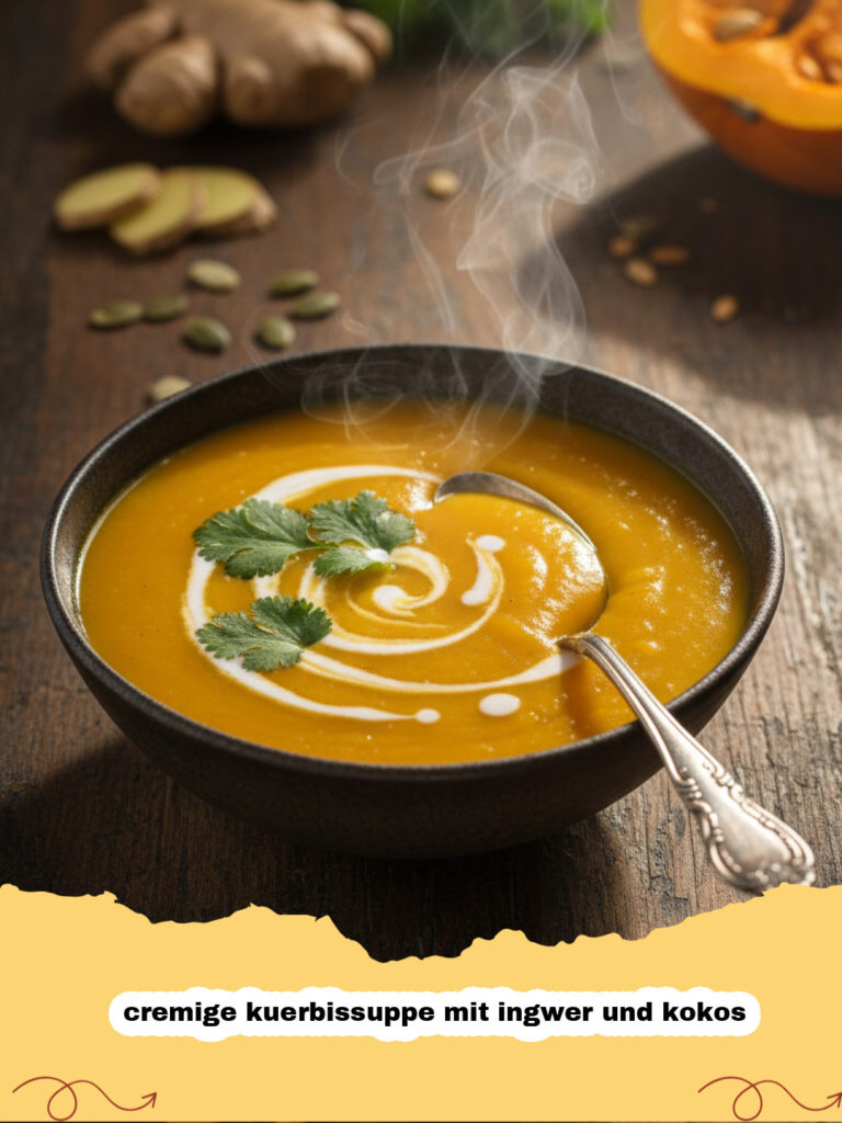 cremige kuerbissuppe mit ingwer und kokos - Eine dampfende Schüssel cremige Kürbissuppe mit Ingwer und Kokos, garniert mit Kürbiskernen und frischen Kräutern