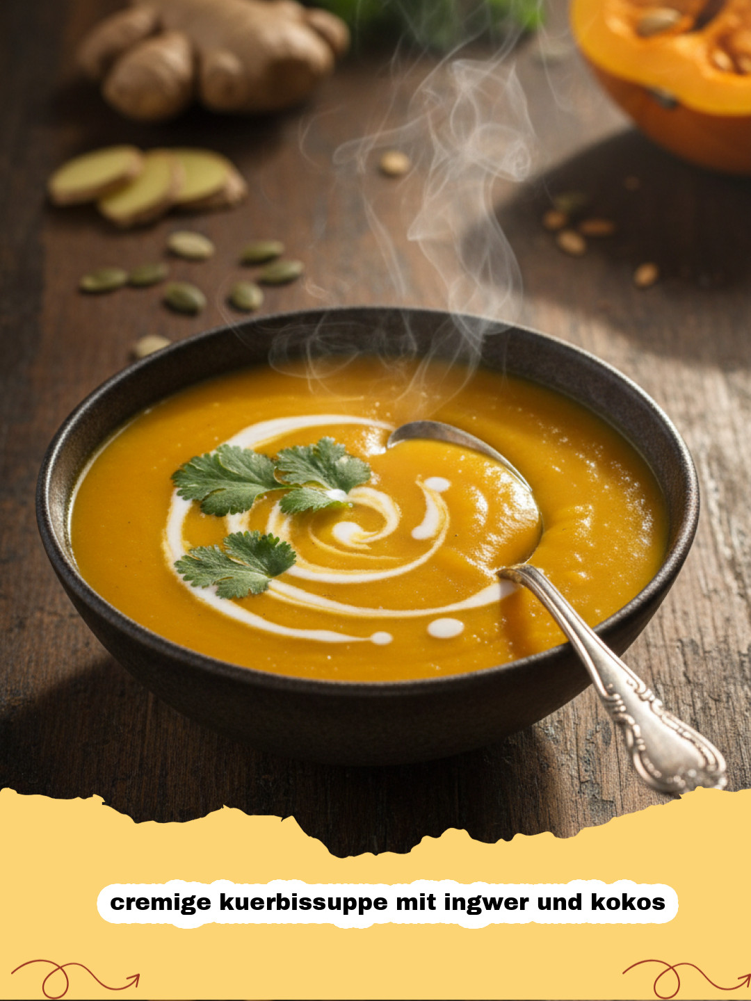 cremige kuerbissuppe mit ingwer und kokos - Eine dampfende Schüssel cremige Kürbissuppe mit Ingwer und Kokos, garniert mit Kürbiskernen und frischen Kräutern