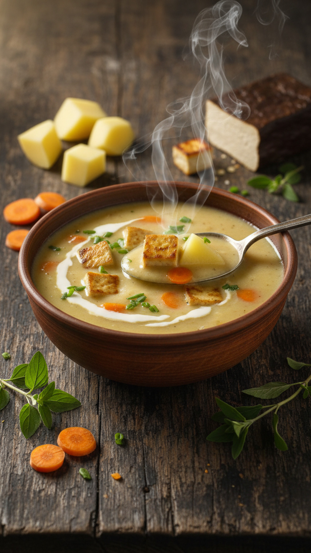 Herzhafte cremige vegane Kartoffelsuppe mit Räuchertofu Preparation