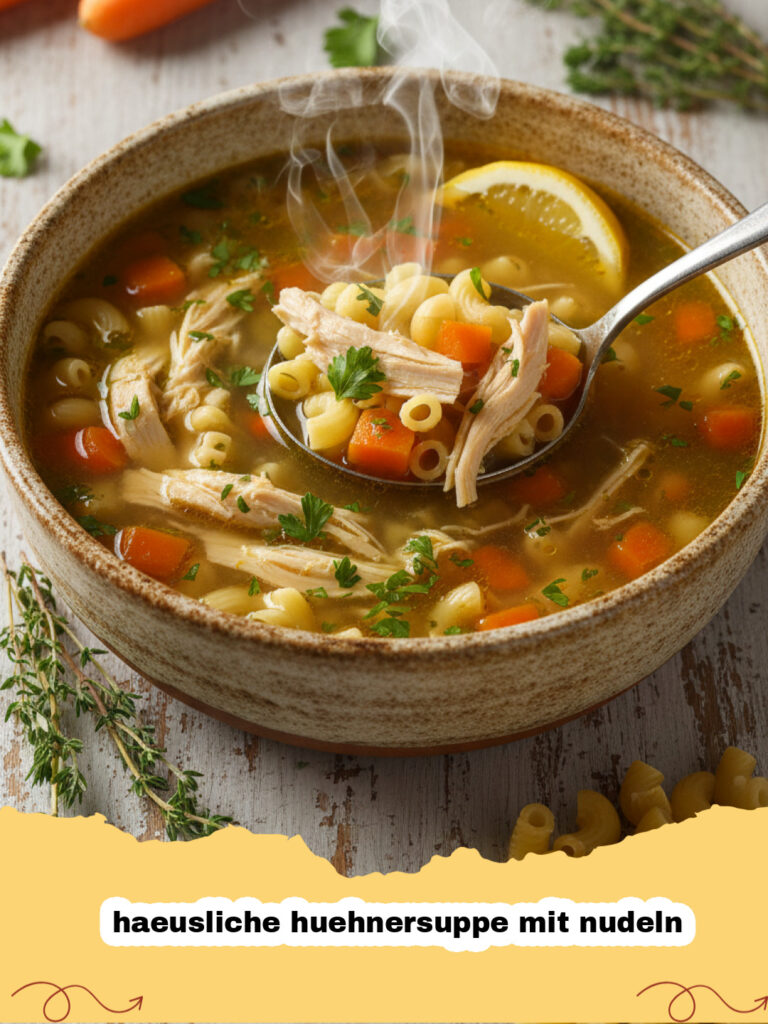 haeusliche huehnersuppe mit nudeln - Eine dampfende Schüssel hausgemachte Hühnersuppe mit Nudeln, Karotten und frischer Petersilie.
