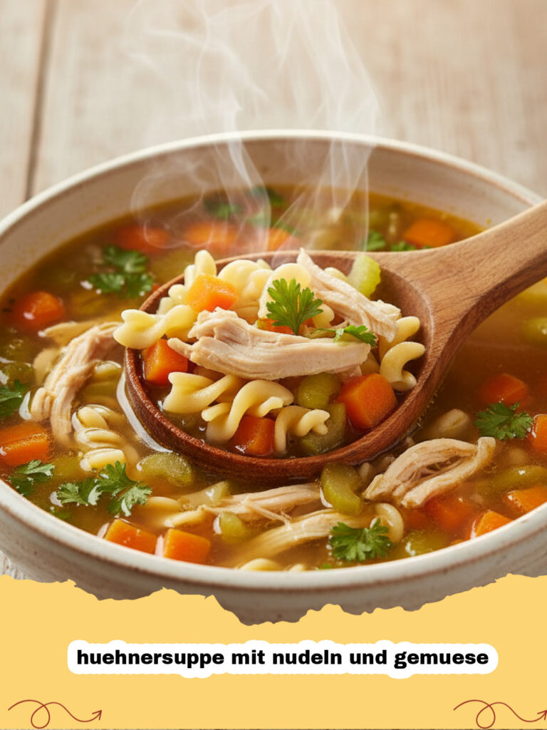 huehnersuppe mit nudeln und gemuese - Eine dampfende Schüssel hausgemachte Hühnersuppe mit goldgelben Nudeln, bunten Gemüsestücken und zartem Hähnchenfleisch, garniert mit frischer Petersilie auf einem Holztisch.