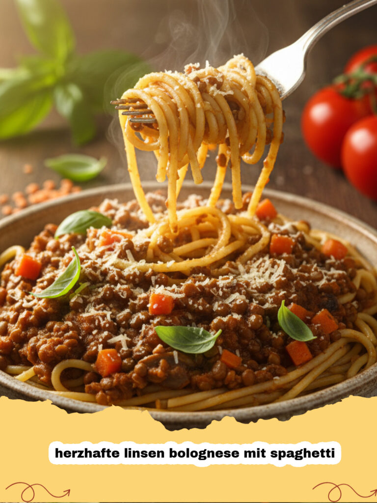 herzhafte linsen bolognese mit spaghetti - Teller mit herzhafter Linsen Bolognese und Spaghetti, garniert mit frischer Petersilie und veganem Parmesan