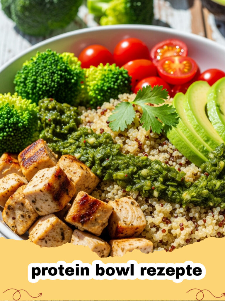protein bowl rezepte - Eine appetitliche Herzhafte Power Protein Bowl mit Quinoa, Hähnchen, Avocado und frischem Gemüse.