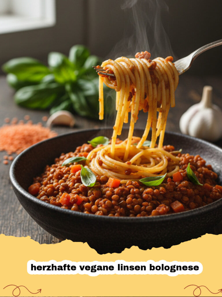 herzhafte vegane linsen bolognese - Teller mit herzhafter veganer Linsen Bolognese und Spaghetti, garniert mit frischem Basilikum und veganem Parmesan.