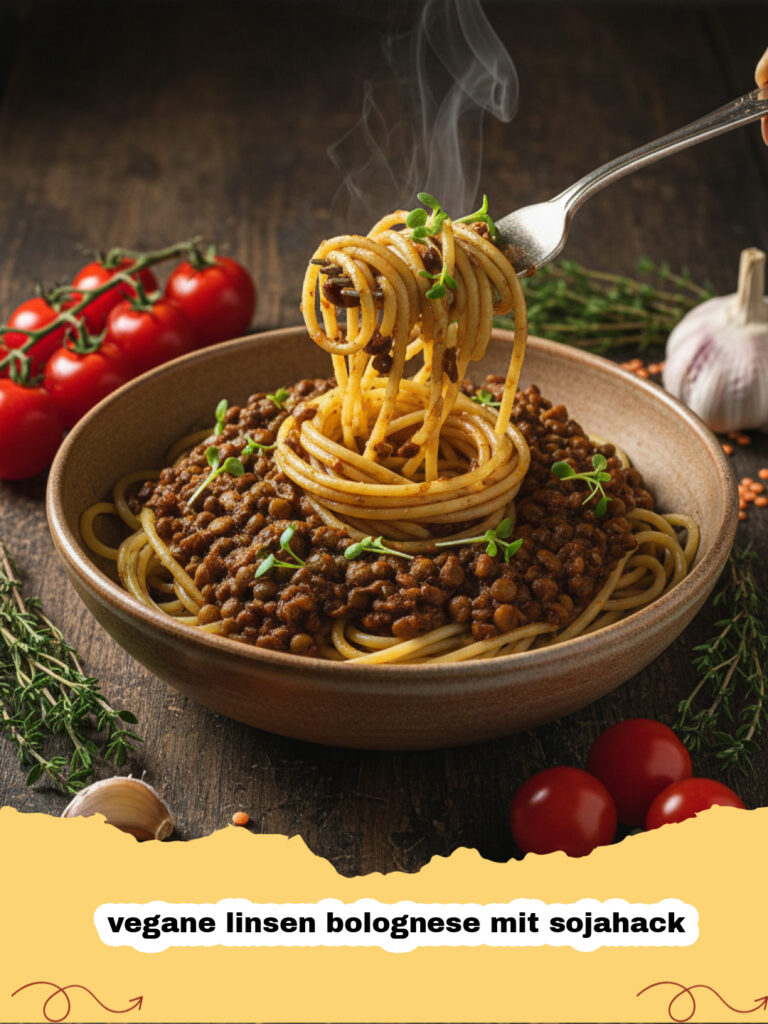 vegane linsen bolognese mit sojahack - Eine appetitliche Schale vegane Linsen Bolognese mit Sojahack auf Spaghetti, garniert mit frischen Kräutern.