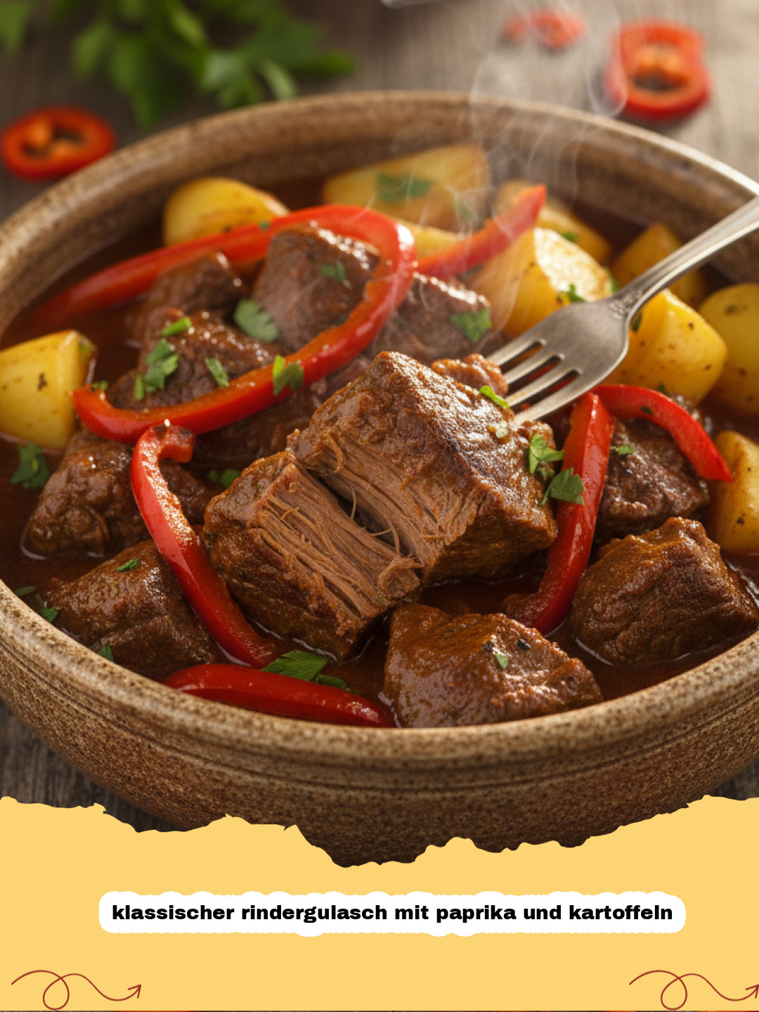 klassischer rindergulasch mit paprika und kartoffeln - Ein dampfender Topf voll klassischem Rindergulasch mit Paprika und Kartoffeln, garniert mit frischer Petersilie.