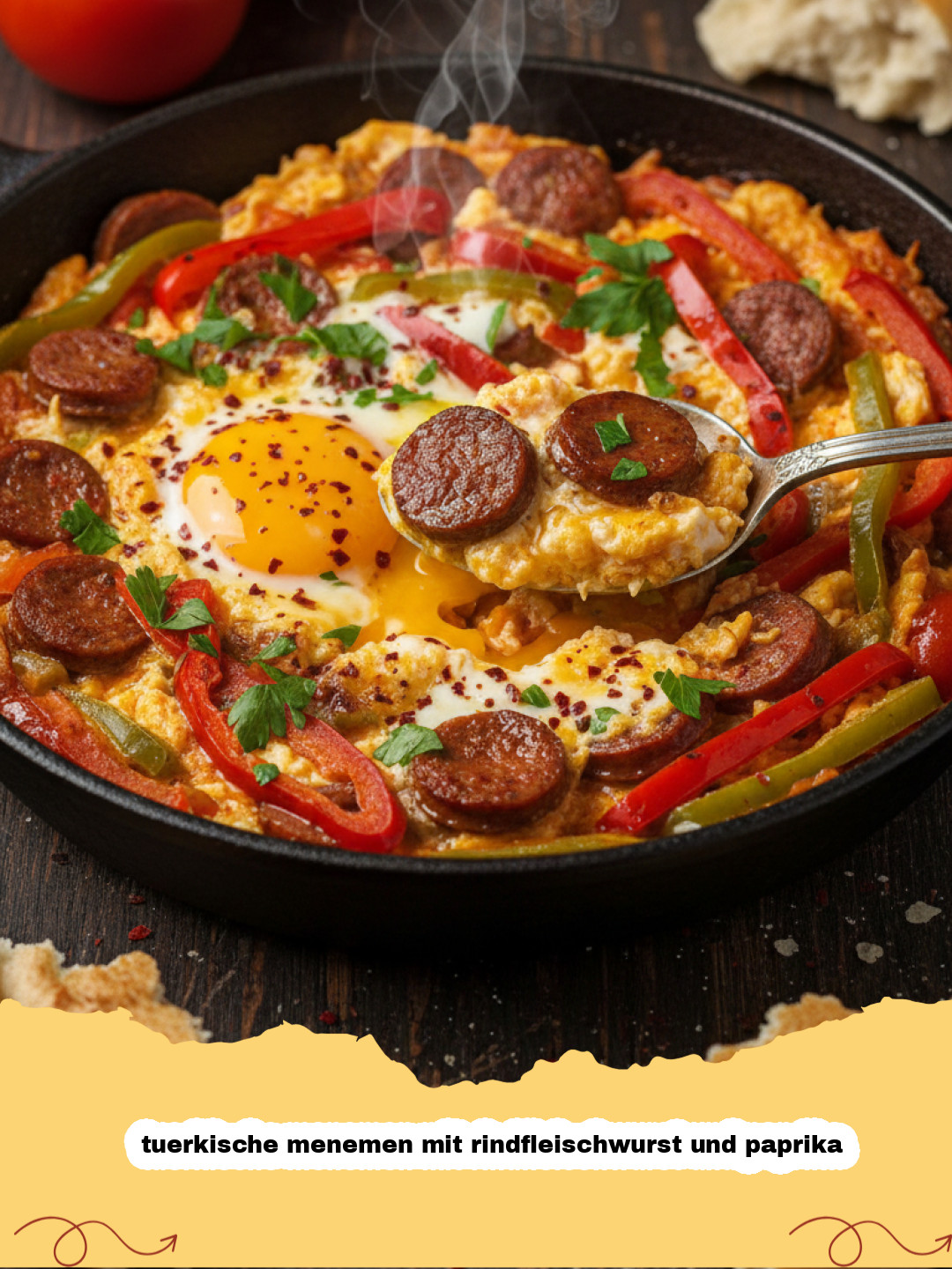 Türkische Menemen mit Rindfleischwurst und Paprika: Ein herzhaftes Frühstück für Genießer
