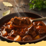 herzhaftes rindergulasch mit kartoffeln - Herzhaftes Rindergulasch mit Kartoffeln in einem gusseisernen Topf, garniert mit Petersilie