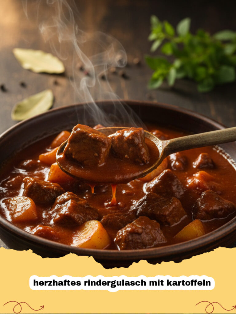 herzhaftes rindergulasch mit kartoffeln - Herzhaftes Rindergulasch mit Kartoffeln in einem gusseisernen Topf, garniert mit Petersilie