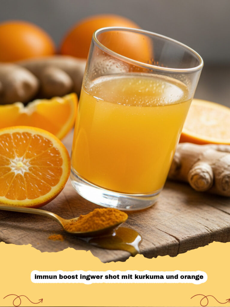 Frisch gepresster immun boost ingwer shot mit kurkuma und orange in kleinen Gläsern auf einem Holztisch