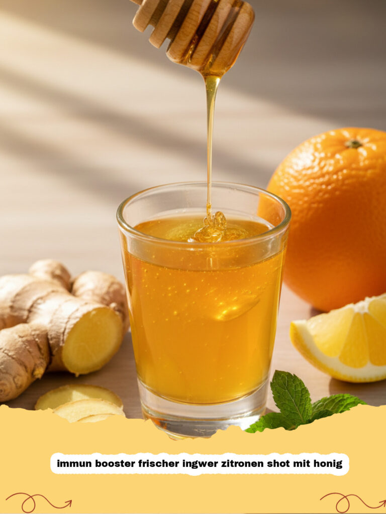 immun booster frischer ingwer zitronen shot mit honig - Frischer Ingwer-Zitronen-Shot mit Honig in kleinen Gläsern, verziert mit Ingwerscheiben und Zitronenspalten
