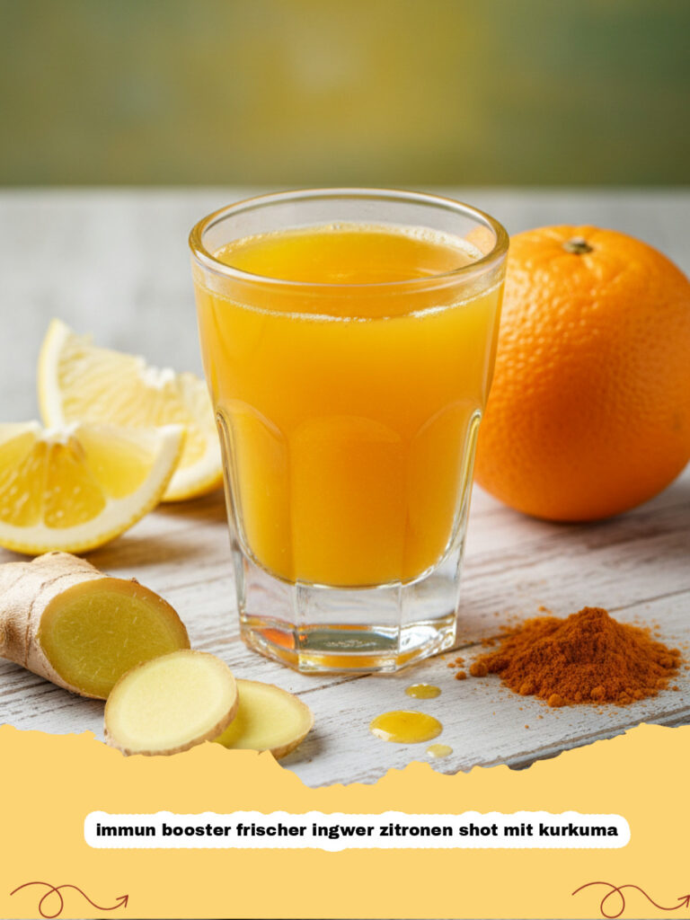 immun booster frischer ingwer zitronen shot mit kurkuma - Ein Glas immun booster frischer Ingwer Zitronen Kurkuma Shot mit frischen Zutaten im Hintergrund.