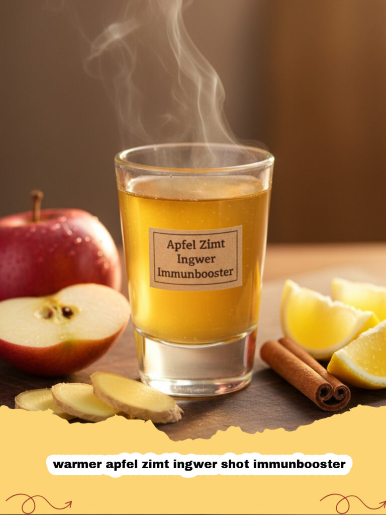 warmer apfel zimt ingwer shot immunbooster - Warmer Apfel-Zimt-Ingwer Immun-Shot in einem kleinen Glas, garniert mit Zimtstange und Apfelscheibe
