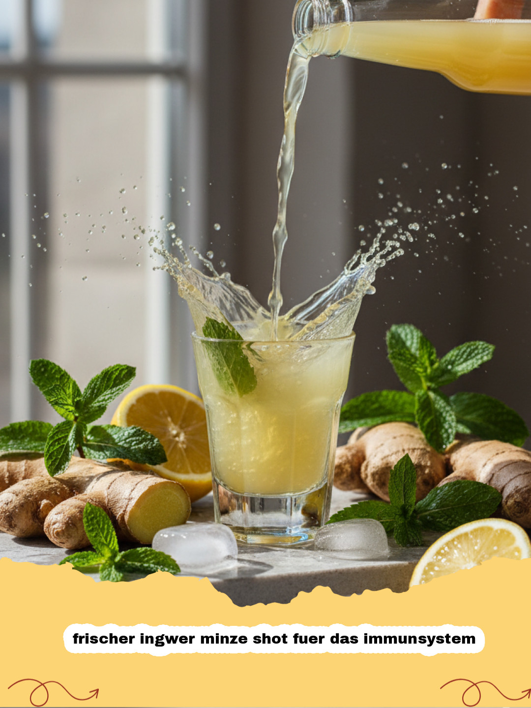 frischer ingwer minze shot fuer das immunsystem - Ein frischer Ingwer Minze Shot für das Immunsystem in einem Shot-Glas, daneben Ingwer, Minze und Zitronenscheiben.