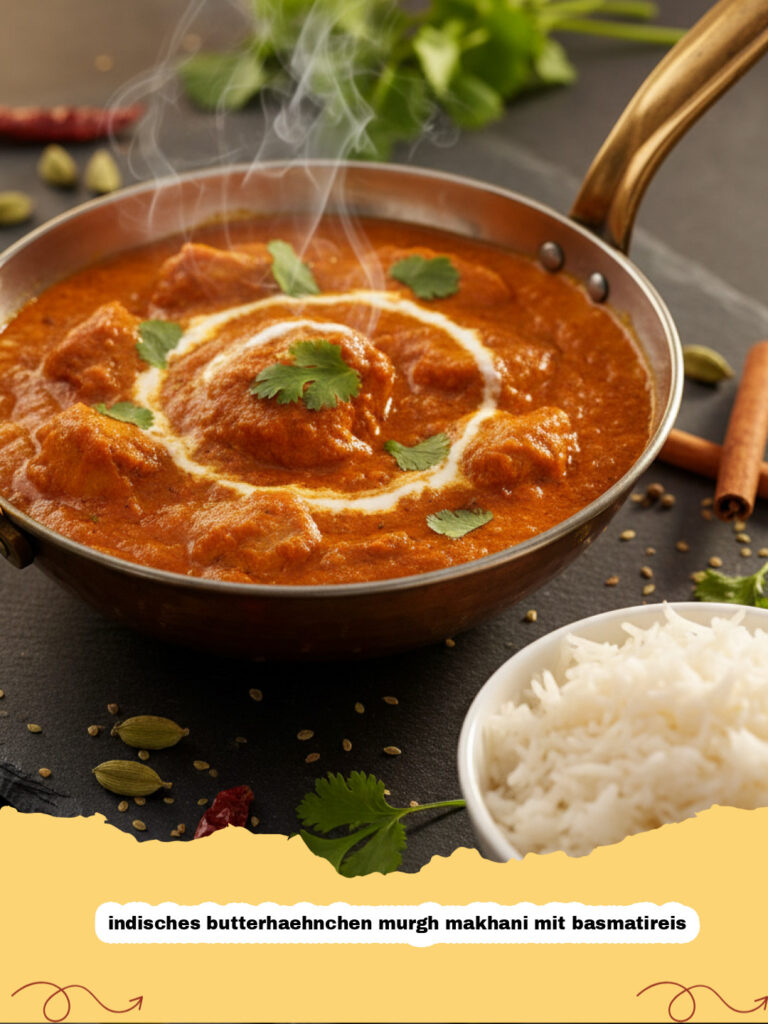 indisches butterhaehnchen murgh makhani mit basmatireis - Ein Teller mit cremigem indisches Butterhähnchen Murgh Makhani, garniert mit frischem Koriander und serviert mit lockerem Basmatireis.