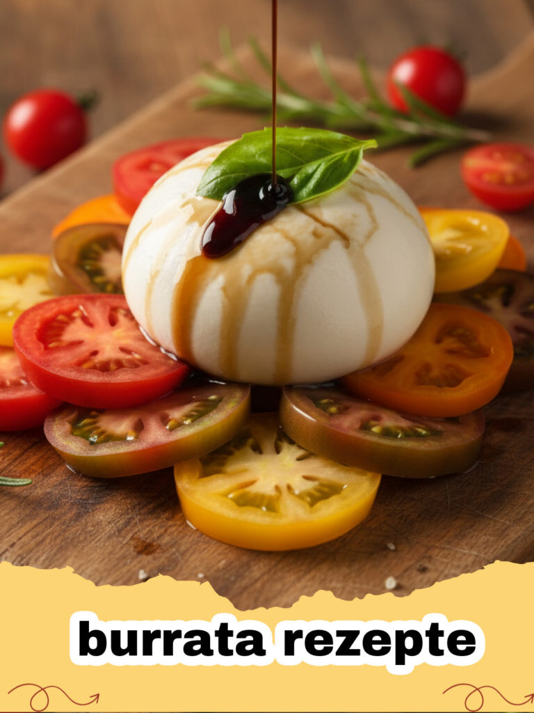 burrata rezepte - Cremige Burrata serviert auf einem Bett aus gerösteten roten Tomaten mit Basilikum