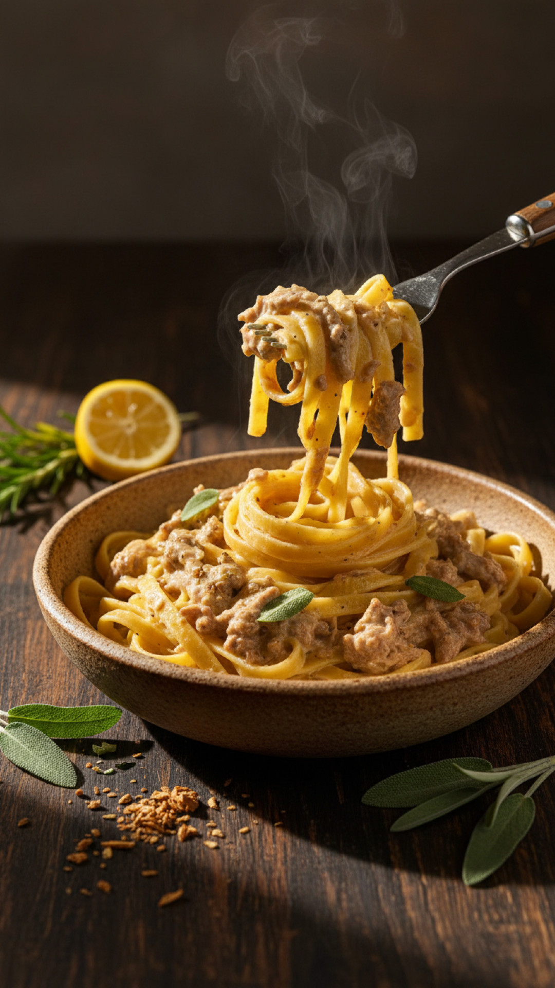 Italienische Rigatoni mit Kalbsragout und Salbei Preparation