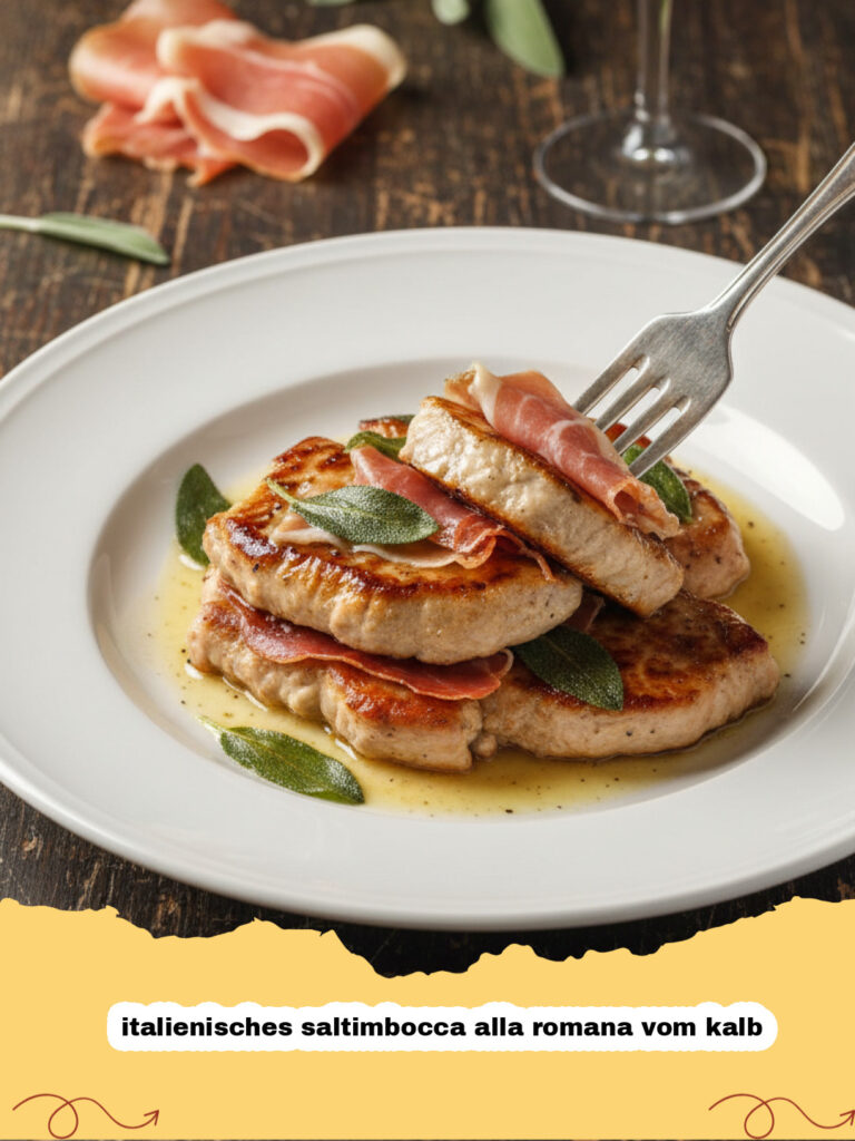 Authentisches italienisches saltimbocca alla romana vom kalb auf einem weißen Teller serviert