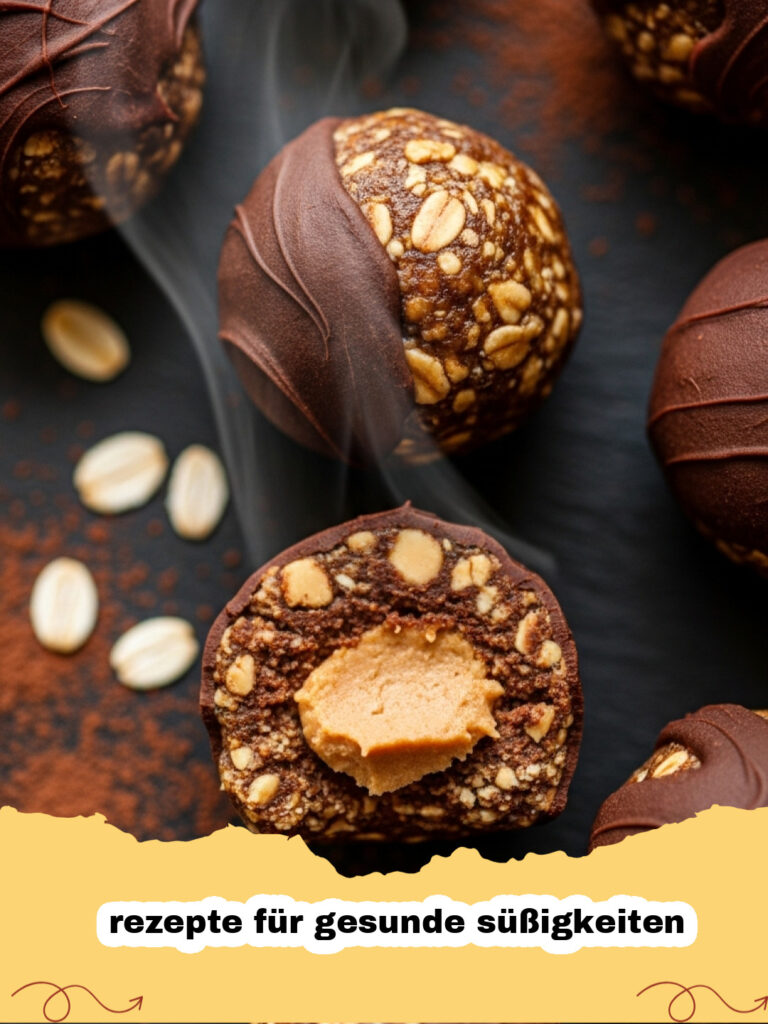 rezepte für gesunde süßigkeiten - Gesunde Kakao-Energiebällchen mit Nuss-Crunch, auf einem Teller angerichtet.