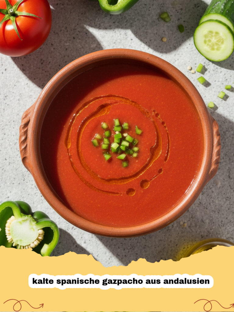 kalte spanische gazpacho aus andalusien - Schale mit roter kalter spanischer Gazpacho aus Andalusien garniert mit Gurkenwürfeln