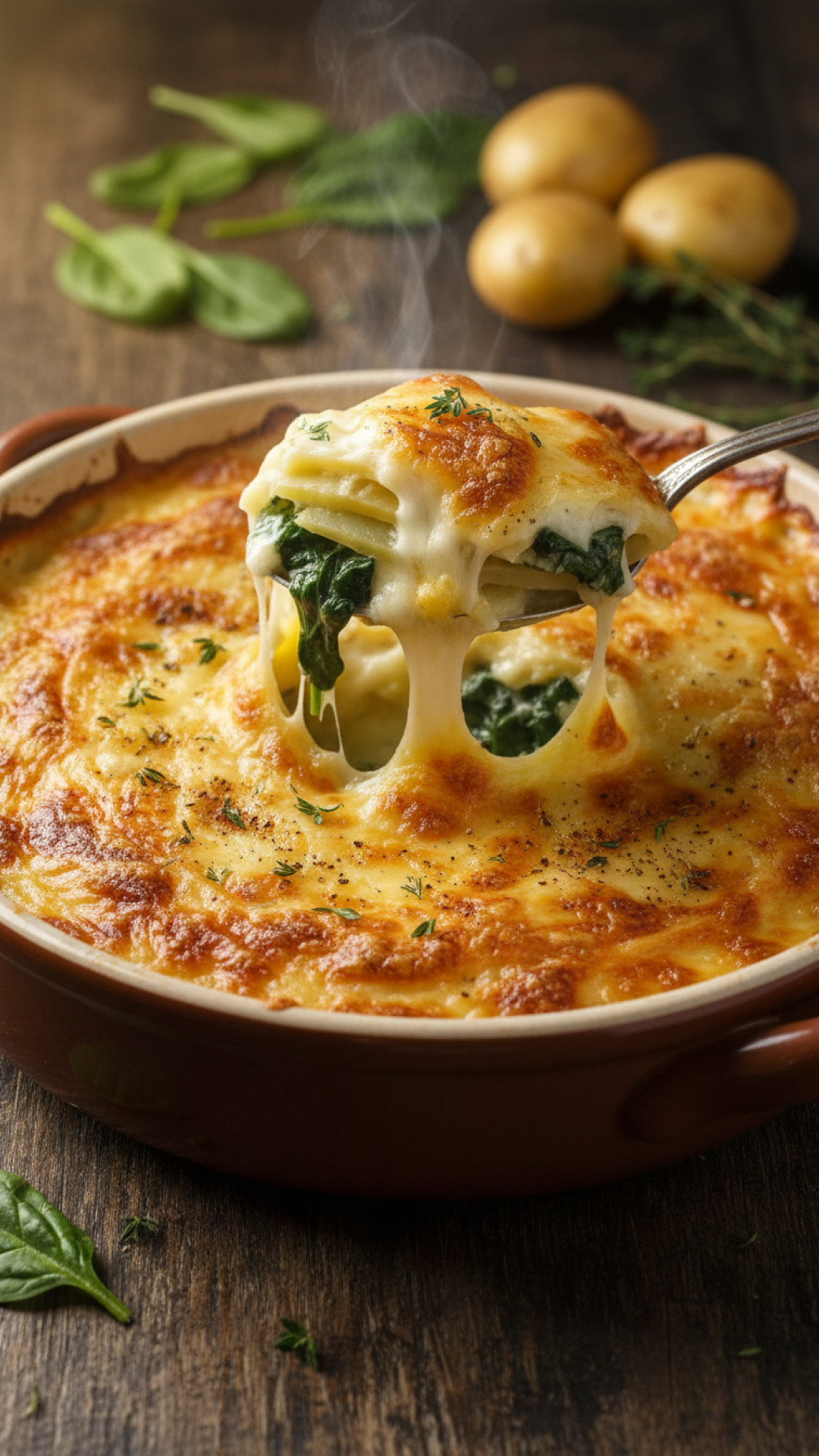 Kartoffel Gratin mit Spinat und Käse überbacken Preparation