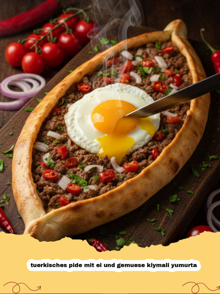 tuerkisches pide mit ei und gemuese kiymali yumurta - Türkisches Pfannengericht Kiymali Yumurta mit Eiern und Pide Brot