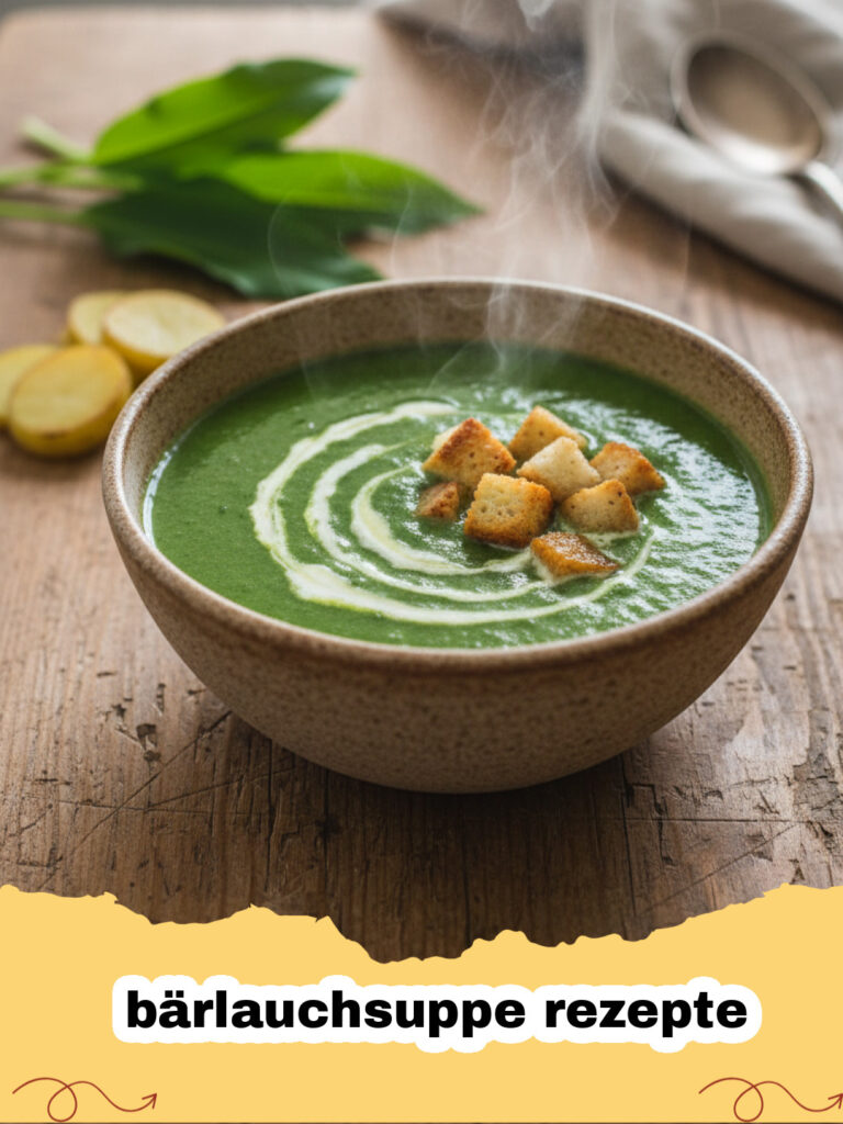 bärlauchsuppe rezepte - Ein tiefer Teller mit hellgrüner Bärlauchsuppe, garniert mit Sahne und Bärlauchblättern.