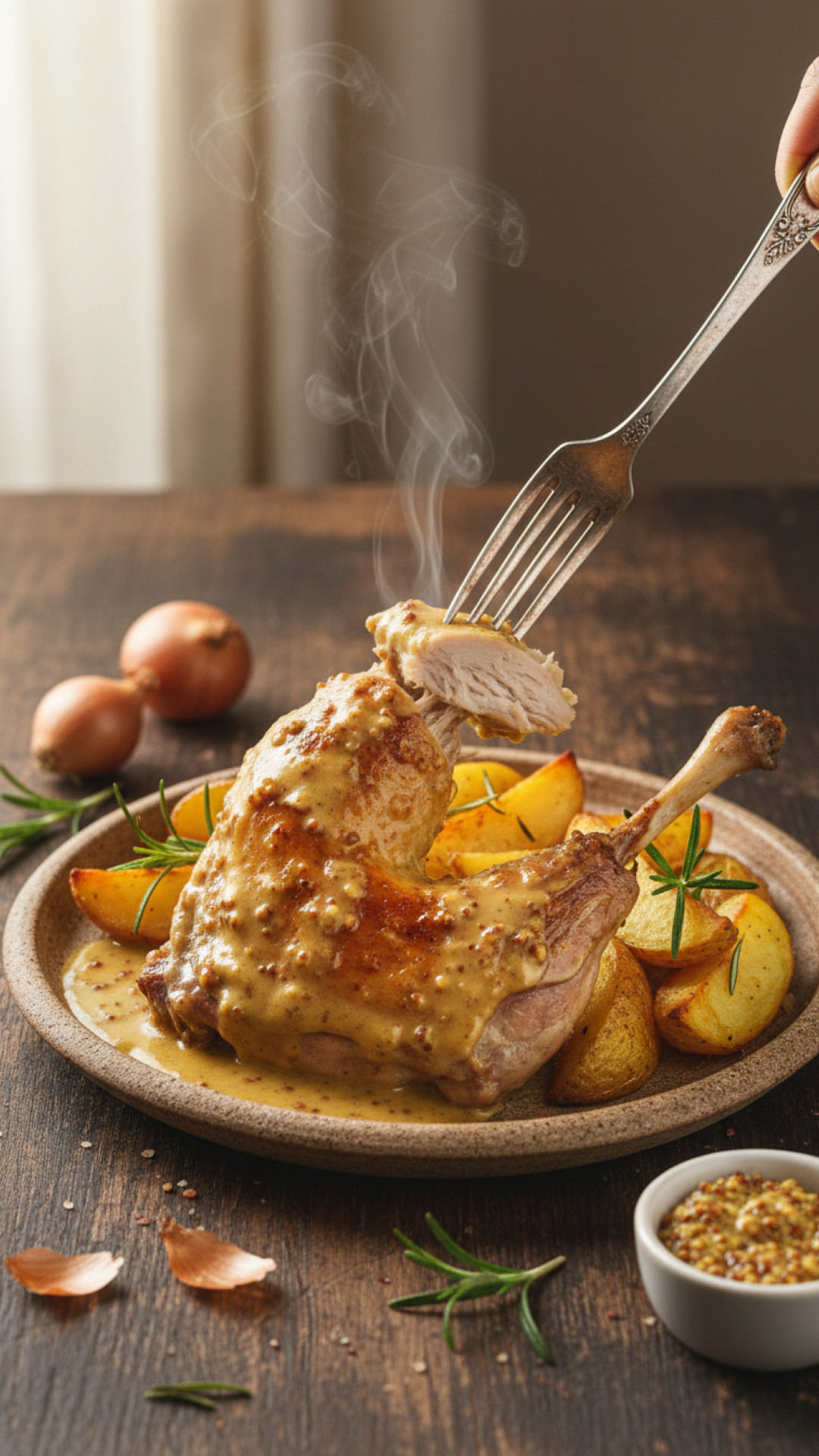 Klassische französische Kaninchenkeulen in Senf-Sahne-Sauce Preparation