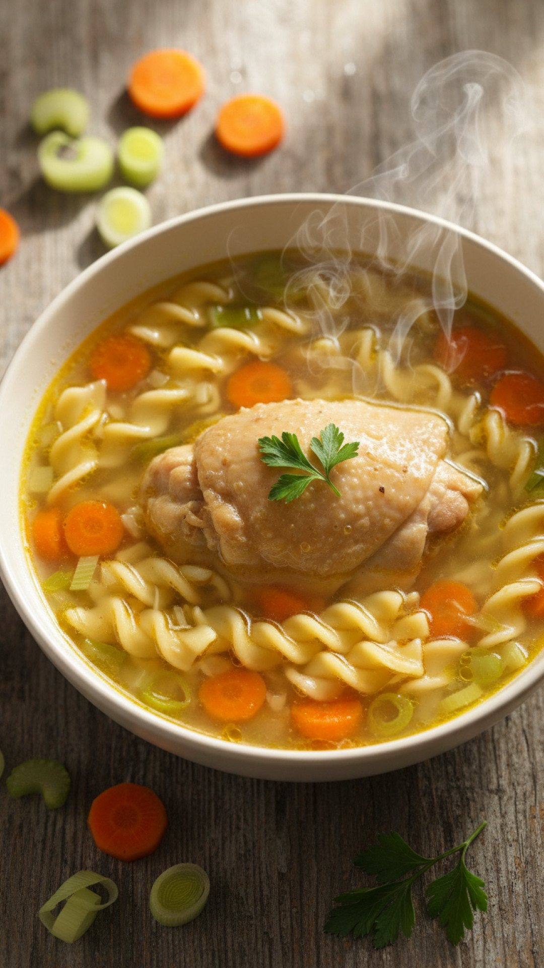 Klassische klare Hühnersuppe mit Nudeln und Gemüse Preparation