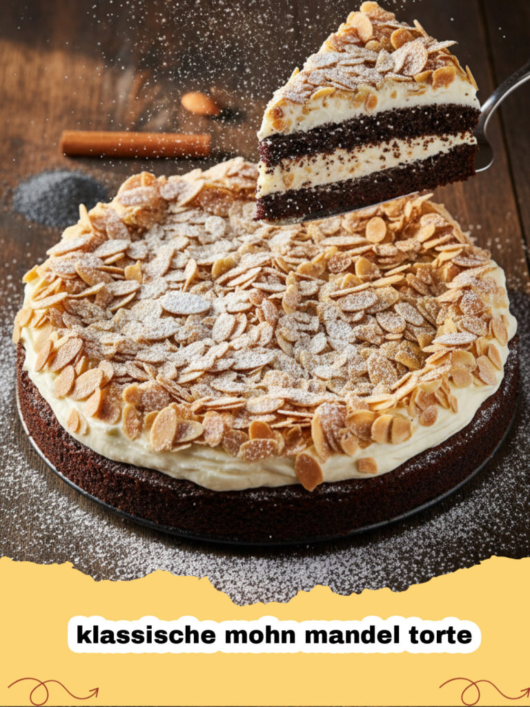 Saftige klassische mohn mandel torte auf einem Kuchenteller