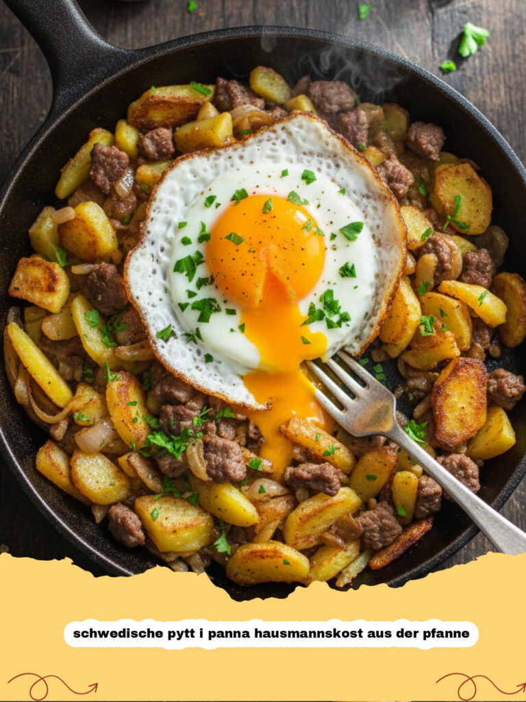 schwedische pytt i panna hausmannskost aus der pfanne - Schwedische Pytt i Panna in einer gusseisernen Pfanne mit Spiegelei