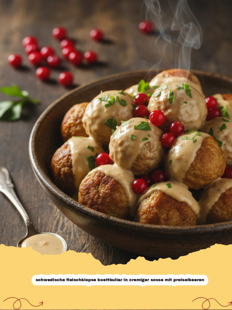 schwedische fleischklopse koettbullar in cremiger sosse mit preiselbeeren - Schwedische Fleischklöpse Köttbullar in cremiger Soße mit Preiselbeeren auf einem Teller