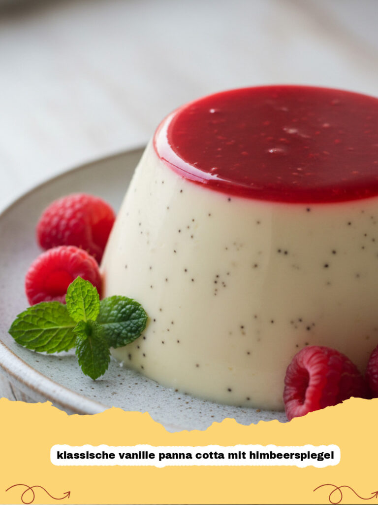 klassische vanille panna cotta mit himbeerspiegel - Klassische Vanille Panna Cotta mit Himbeerspiegel in einem Glas, garniert mit frischen Himbeeren und Minze.
