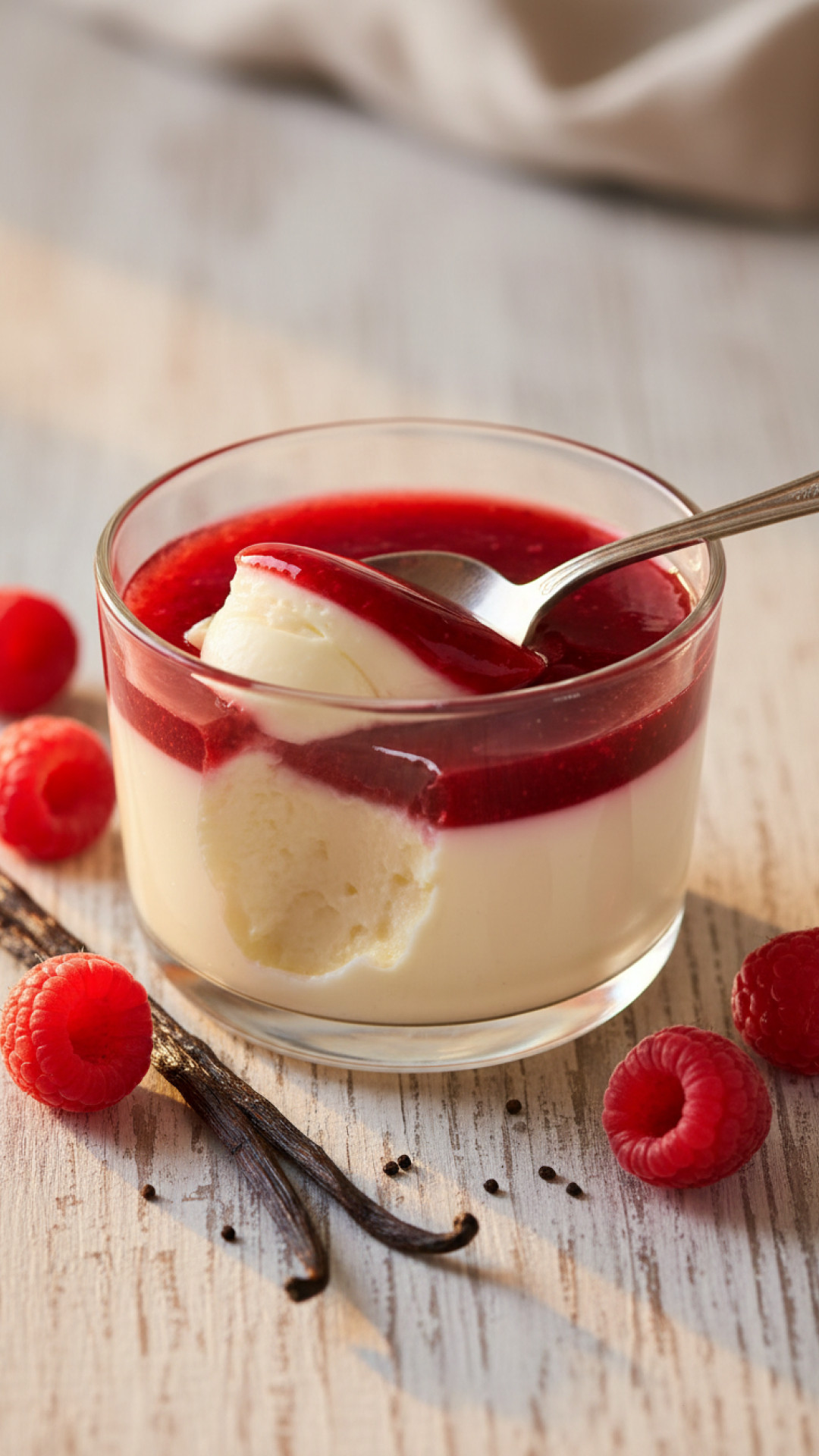 Klassische Vanille Panna Cotta mit Himbeerspiegel Preparation