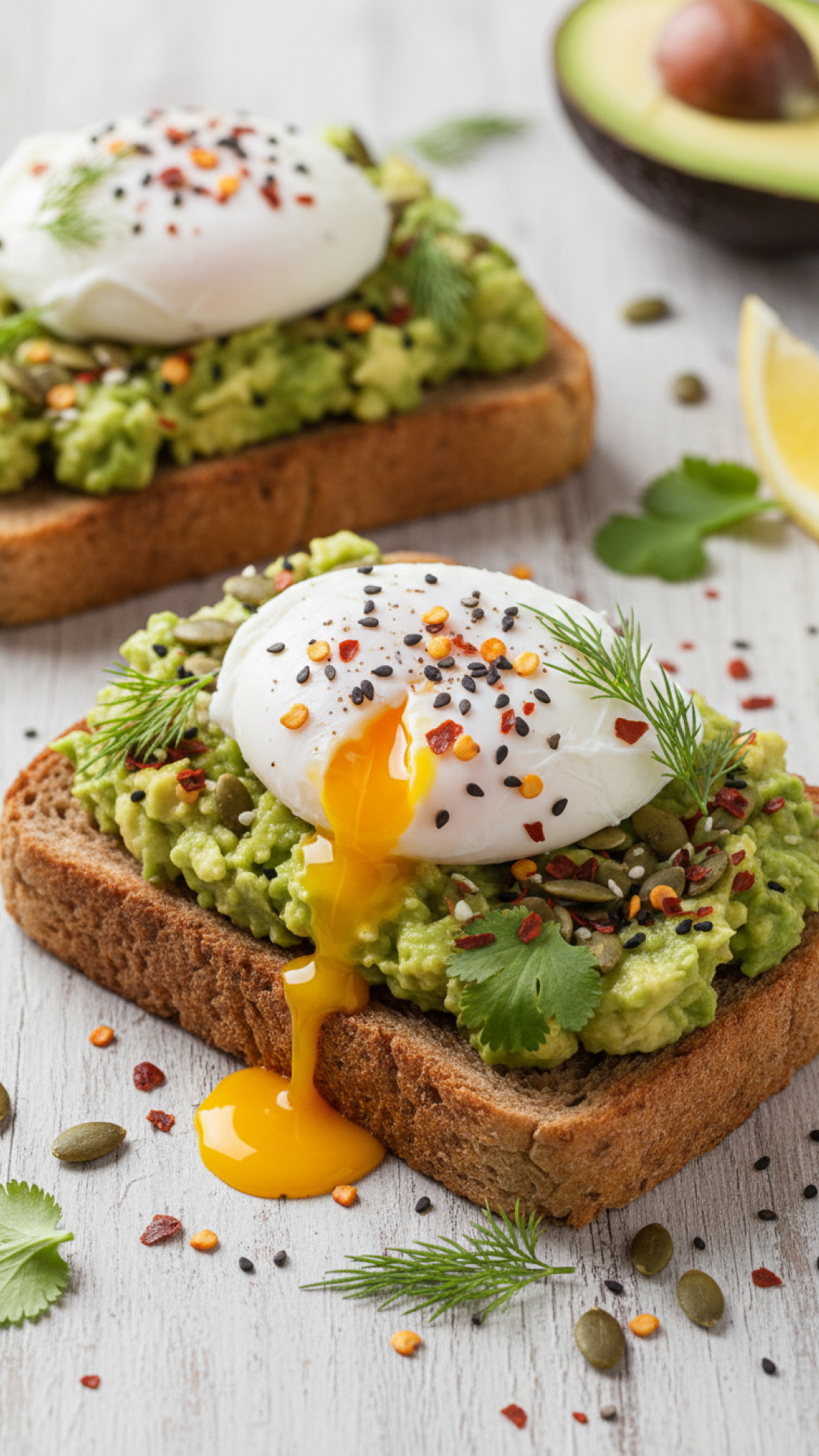 Klassischer Avocado Toast mit pochierten Eiern und Chili Flocken Preparation