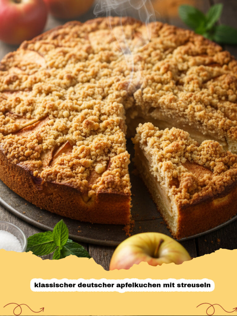 klassischer deutscher apfelkuchen mit streuseln - Ein frisch gebackener klassischer deutscher Apfelkuchen mit Streuseln in einer Springform auf einem Holztisch.