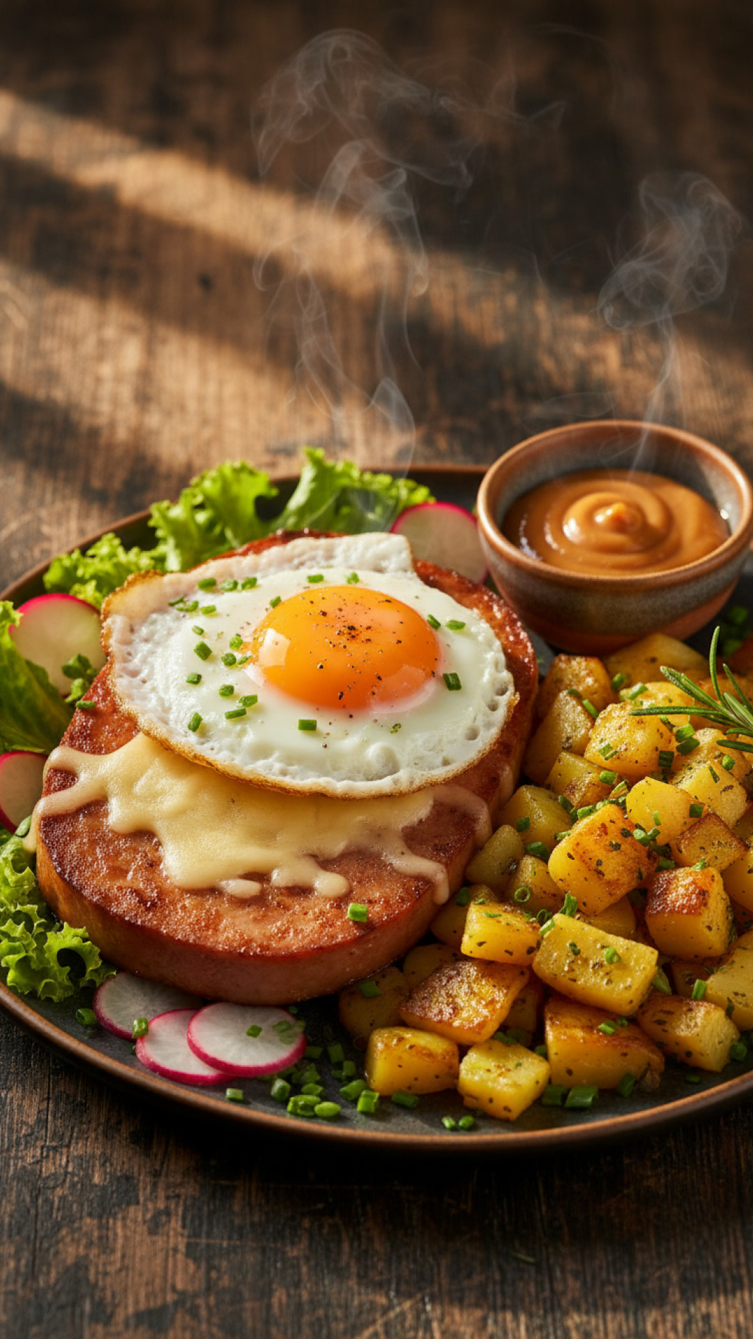 Klassischer Deutscher Leberkäse mit Bratkartoffeln und süßem Senf Preparation