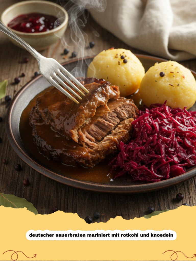 deutscher sauerbraten mariniert mit rotkohl und knoedeln - Deutscher Sauerbraten mariniert mit Rotkohl und Knödeln auf einem weißen Teller
