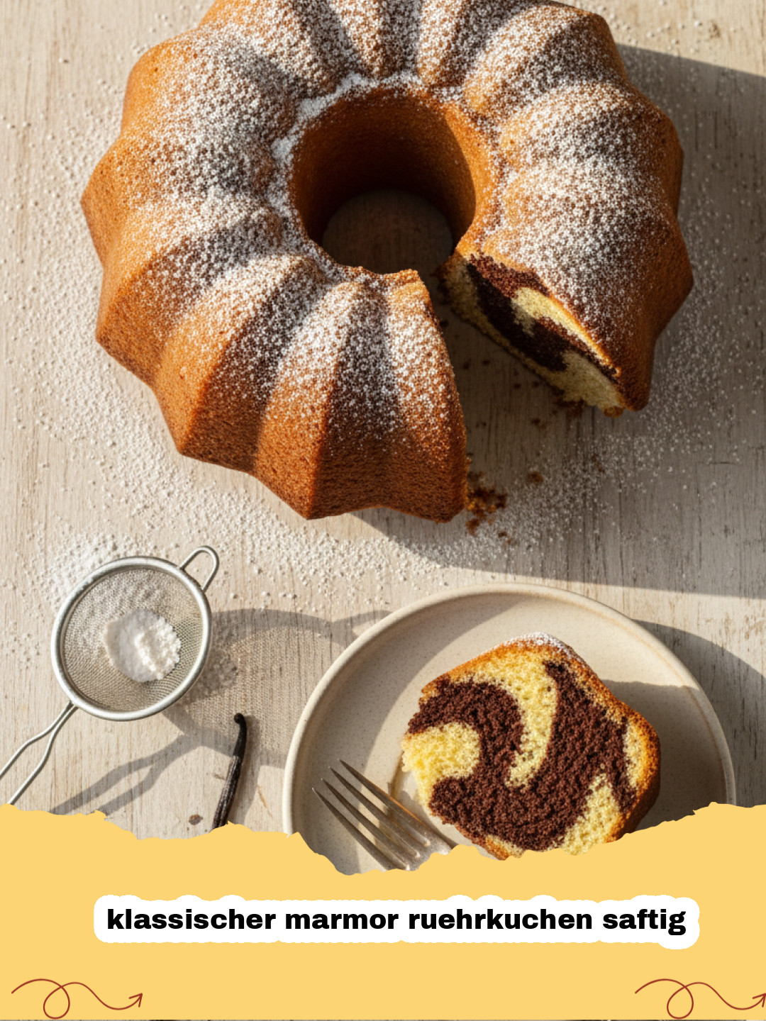 klassischer marmor ruehrkuchen saftig - Ein wunderschön marmorierter, saftiger Gugelhupf, angeschnitten auf einem Kuchengitter, verziert mit Puderzucker. Im Hintergrund eine Tasse Kaffee und eine Blumenvase.