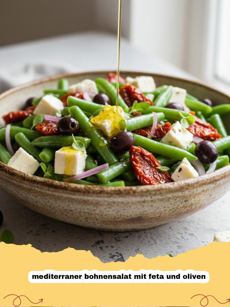 mediterraner bohnensalat mit feta und oliven - Frischer mediterraner Bohnensalat mit Feta, Oliven und Tomaten in einer weißen Schüssel