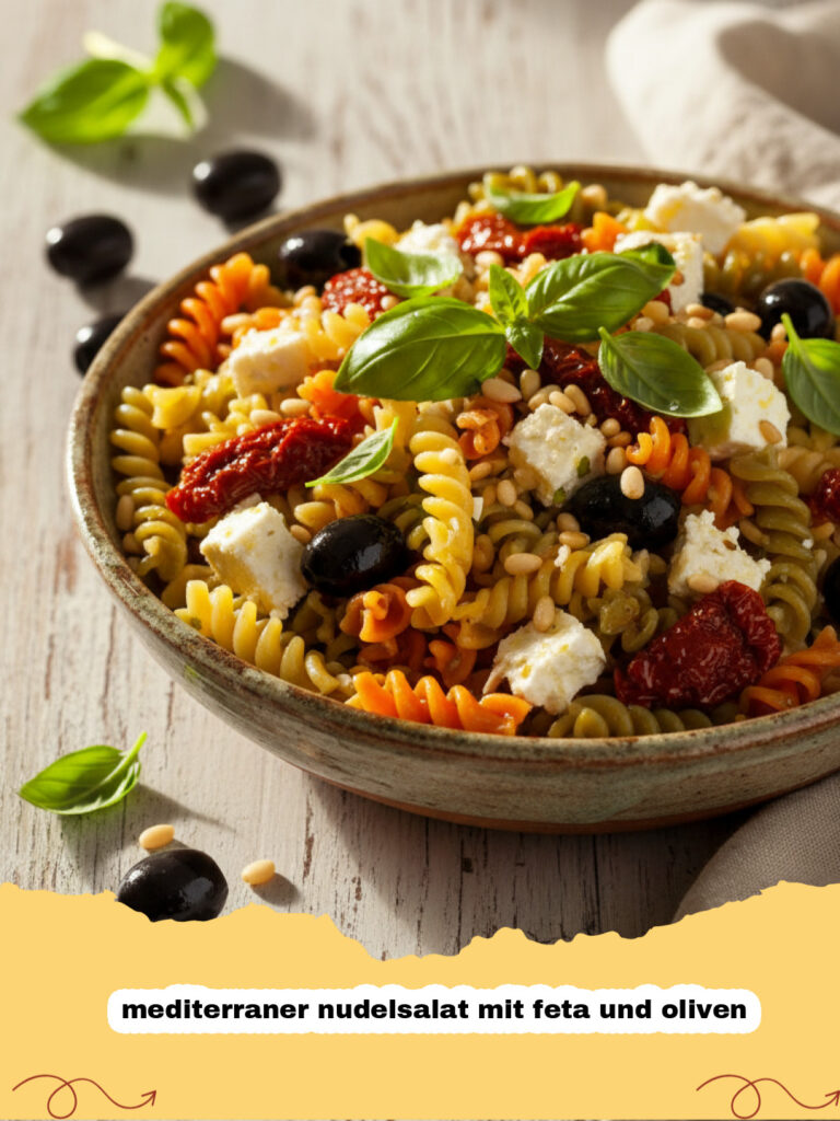Frischer mediterraner nudelsalat mit feta und oliven in einer Schüssel