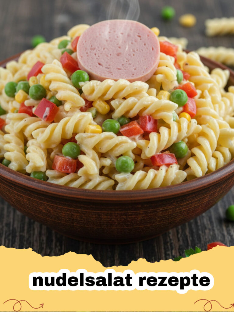 nudelsalat rezepte - Schüssel mit klassischem deutschem Nudelsalat und Schnittlauch